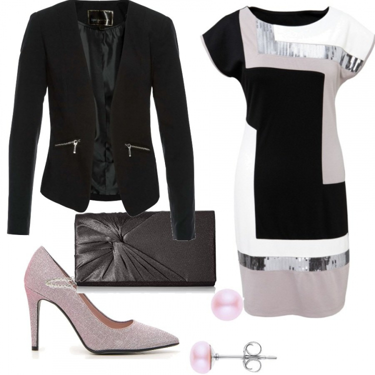 Outfit donna - Invito a cena. Stile Chic per Serata fuori. Abbinamento con blazer, vestiti, décolleté, pochette nero, orecchini in argento 925 rosa.