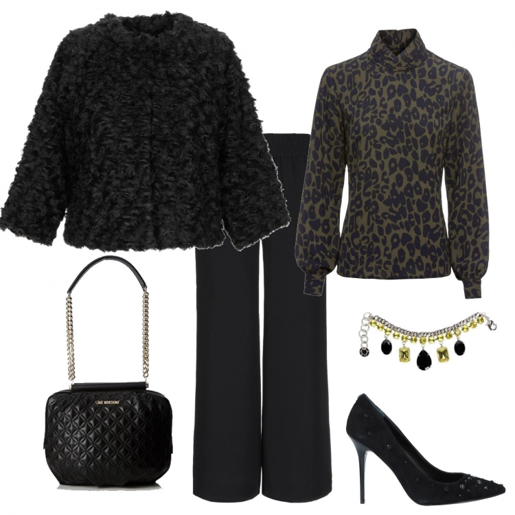 Outfit donna - Chic #15451. Stile Chic per Serata fuori. Abbinamento con bluse, décolleté, giacca, pantalone a sigaretta vita alta crêpe, braccialetti, borse a spalla.