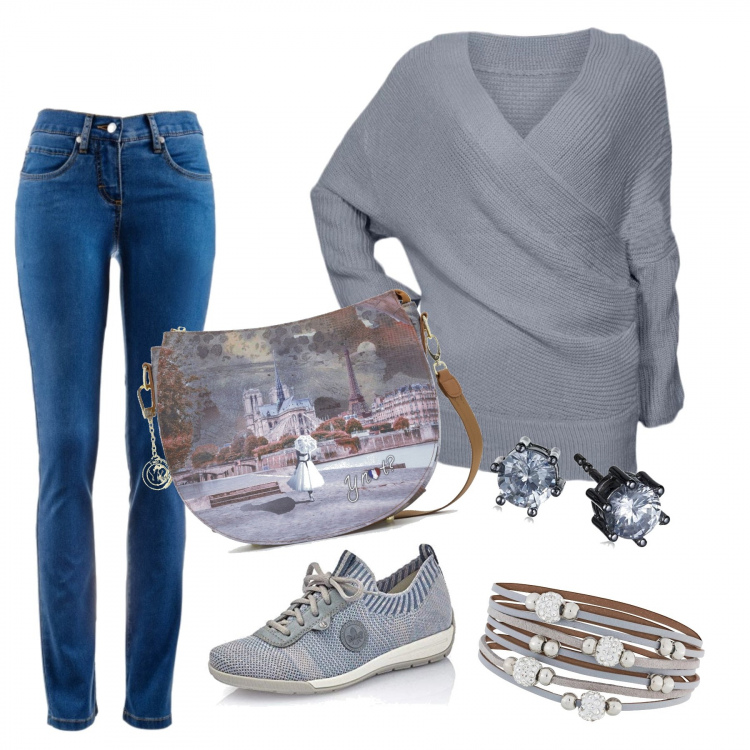 Outfit donna - Comoda con stile. Stile Basic per Tutti i giorni. Abbinamento con jeans dritti, maglieria, maglia a maniche lunghe, borsa a tracolla con zip fondo con piedini blu e marrone, scarpe da ginnastica blu, orecchini argento.