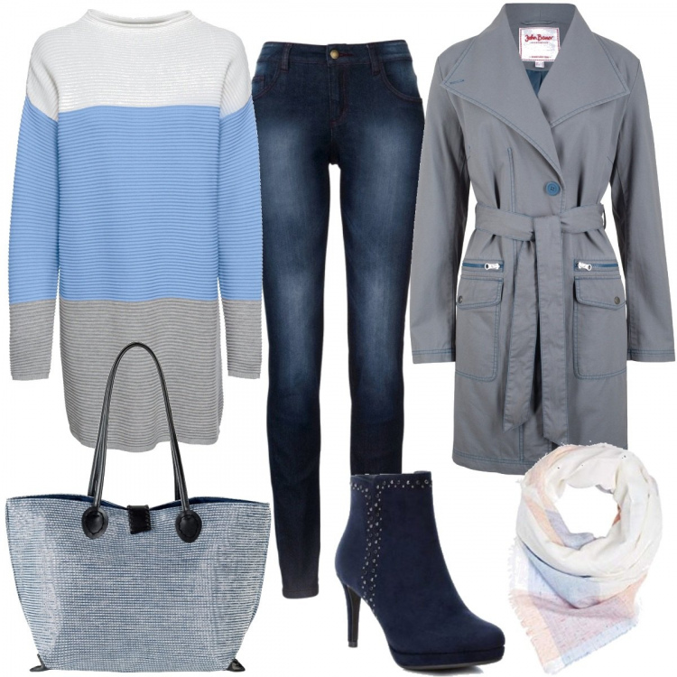 Outfit donna - Il trench grigio#curvystyle. Stile Basic per Tutti i giorni. Abbinamento con jeans skinny, maglieria, trench grigio, shopping bag effetto lucido con zip grigio, stivali con borchie blu scuro, sciarpa bianco.