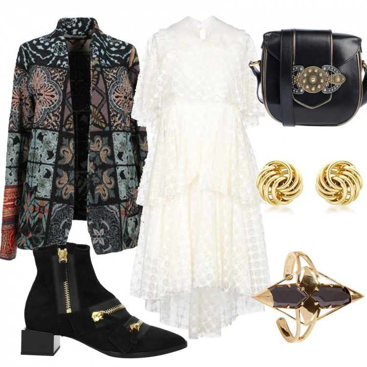 Outfit donna - Style da Milano Fashion Week!. Stile Etnico per Cerimonia. Abbinamento con vestito con pizzo collo classico a maniche corte interno foderato in organza con balze tinta unita, braccialetti, giacca tweed scollatura profonda a maniche lunghe interno sfoderato in bouclè con tasche nero, borsa a tracolla mini con manico in pelle martellata interno foderato in pelle tinta unita, stivaletti, orecchini in oro giallo.