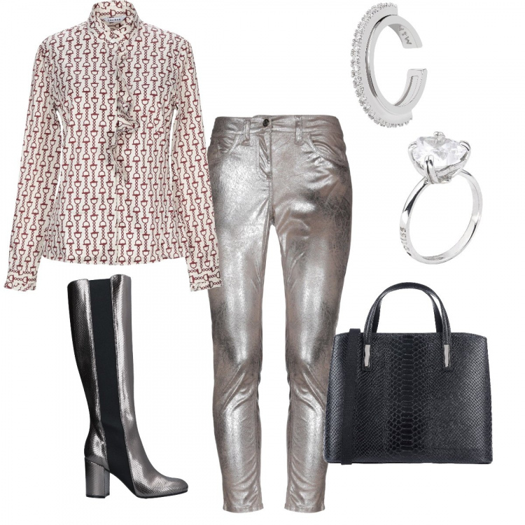 Outfit donna - Pitonato. Stile Bon Ton per Serata fuori. Abbinamento con stivali con stampa effetto laminato con tacco geometrico e zip con punta tonda tinta unita, camicia senza tasche con stampa e ruches collo coreana a maniche lunghe con bottoni, borsa a mano con stampa taglia media con zip interno foderato tinta unita, pantalone con stampa effetto scamosciato con zip tinta unita, anello argento, orecchini con strass in placcato rodio.
