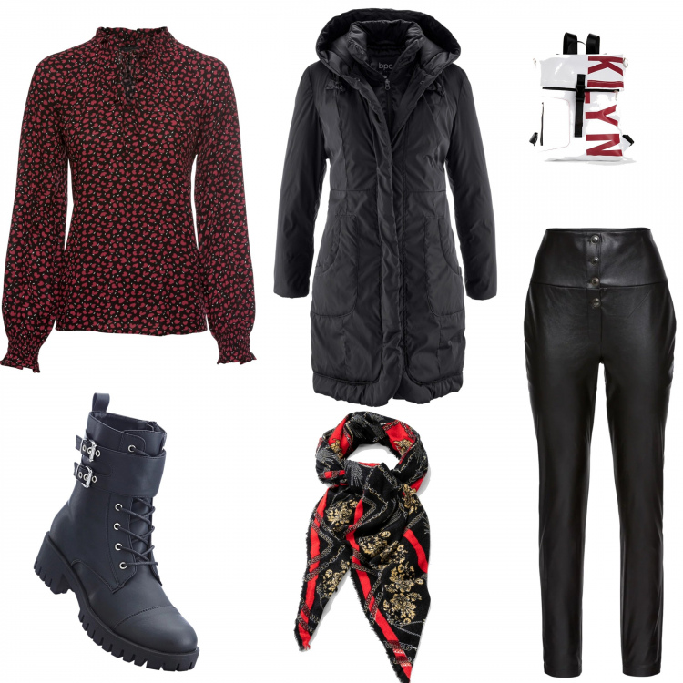 Outfit donna - Bonblackred Bonprix. Stile Urban per Tutti i giorni. Abbinamento con blazer, blusa con laccetti nero, gonne, stivaletti, scialle nero, zaini.
