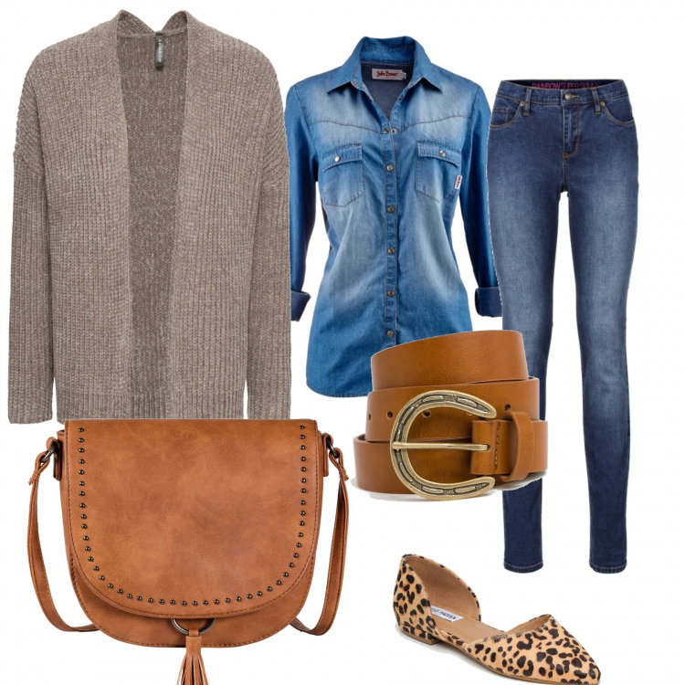 Outfit donna - Basic #15318. Stile Basic per Tutti i giorni. Abbinamento con camicie, jeans skinny, cardigan oversize in ciniglia marrone, borse a tracolla, ballerine beige e nero, cintura con fibbia in denim lunghezza regolabile.