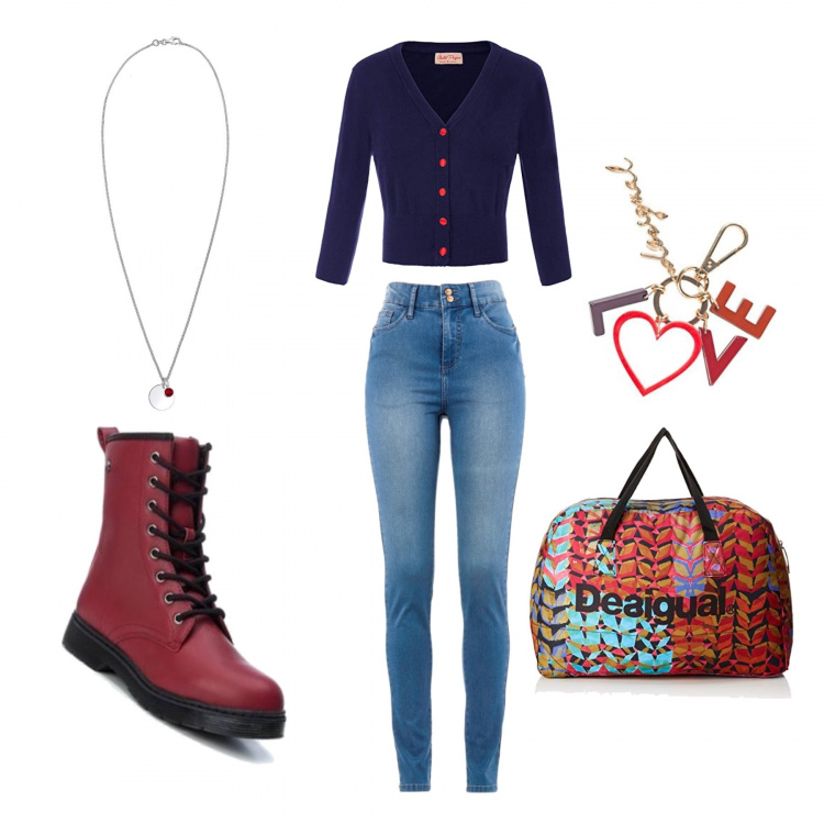 Outfit donna - Tempo libero. Stile Basic per Tutti i giorni. look ideale per Tall. Abbinamento con jeans slim fit, cardigan, stivaletti bordeaux, borse a spalla, portachiavi, collane.