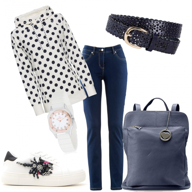 Outfit donna - Pronti per la scuola. Stile Basic per Tutti i giorni. Abbinamento con jeans dritti, felpa a pois con cappuccio, cinture, sneakers, zaino blu scuro, orologio con fibbia bianco e oro.