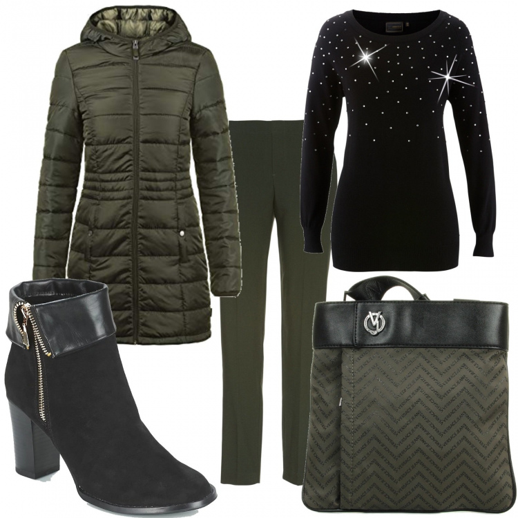 Outfit donna - Il colore MUST di questo Autunno Inverno. Stile Trendy per Tutti i giorni. Abbinamento con maglieria, pantalone verde, borsa a tracolla nero, stivaletti, cappotto contrasto con cappuccio.