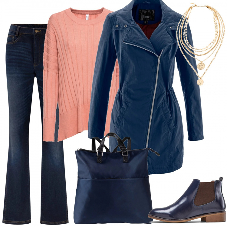 Outfit donna - Passeggiata d\'autunno. Stile Basic per Tutti i giorni. Abbinamento con jeans bootcut, parka blu, stivaletti chelsea, pullover fucsia, zaino, collane.
