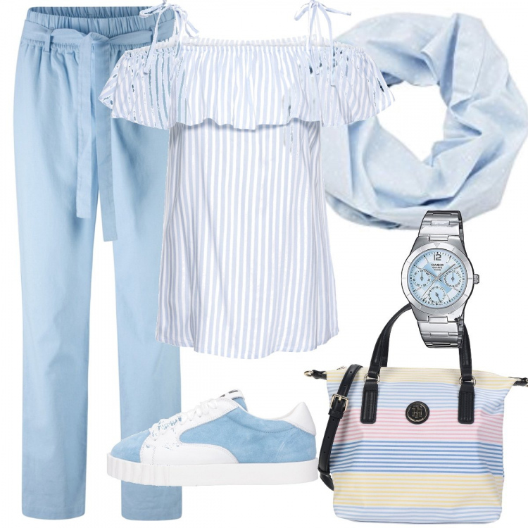 Outfit donna - Da me fa caldo. Stile Basic per Scuola/Università. Abbinamento con borsa a mano a righe taglia media con zip interno sfoderato in tessuto tecnico con tasca interna, sneakers, vestiti, blusa fantasia con spalle scoperte e laccetti viola, orologi analogici, scialle taglia unica blu.
