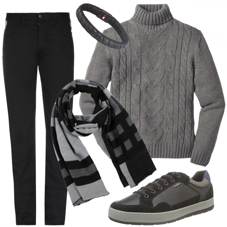 Outfit uomo - Un freddo Grigio. Stile Casual per Tutti i giorni. Abbinamento con maglieria, pantaloni, sciarpa fantasia multicolore in flanella, scarpa sportiva, braccialetto.