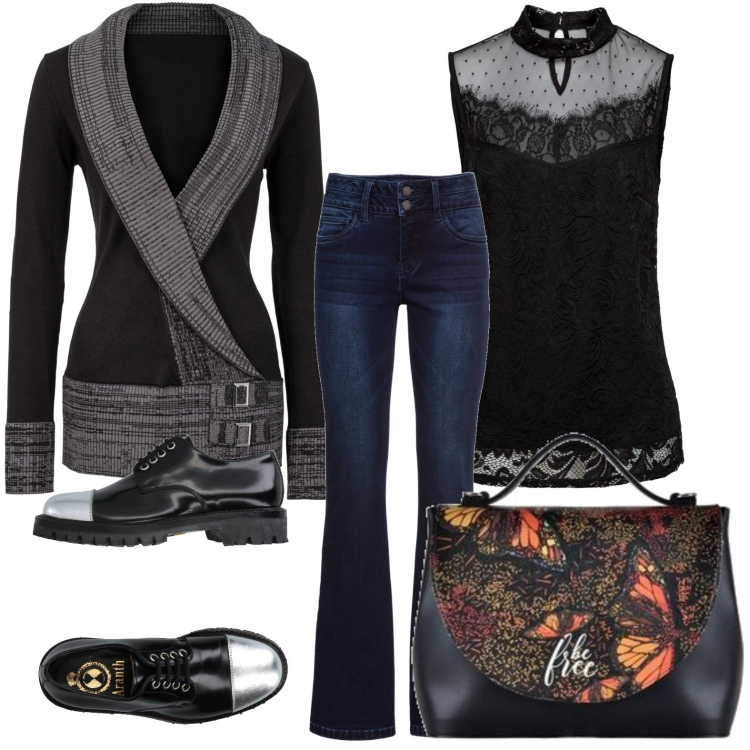 Outfit donna - Un po\' chic un po\' trendy un po\' sexy. Stile Trendy per Tutti i giorni. Abbinamento con jeans bootcut, maglioni, top con pizzo e scollo con spacco nero, scarpe stringate stringate con suola carrarmata fantasia effetto vernice con tacco squadrato e punta tonda, borsa a tracolla con stampa nero e multicolore.