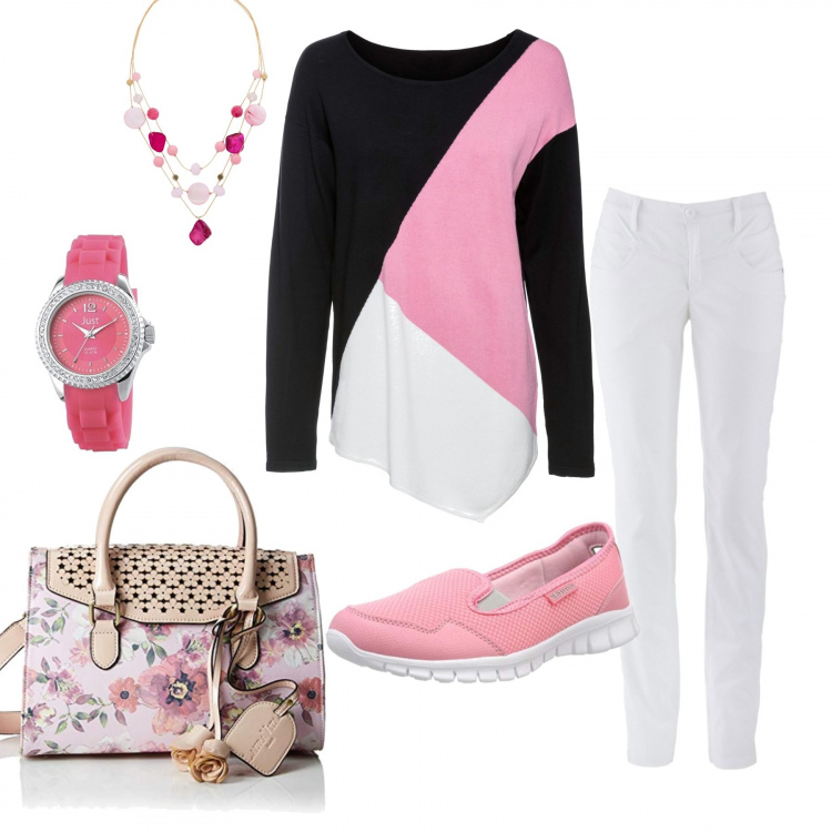 Outfit donna - Parola d\'ordine : ROSA ACCESO. Stile Basic per Tutti i giorni. Abbinamento con pantaloni, maglione, collana oro, mocassini, borse a secchiello, orologi analogici.