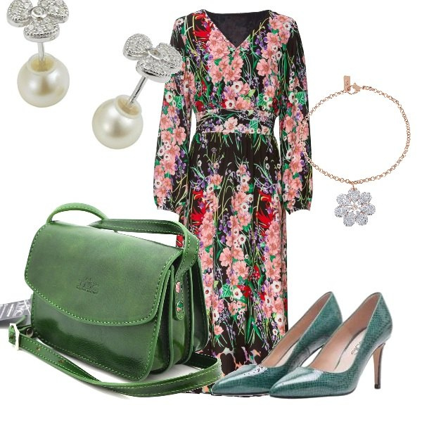 Outfit donna - Total look #333820. Abbinamento con vestiti midi/longuette, borsa a tracolla verde, décolleté verde, bracciale petite glitter in ottone oro, orecchini in argento 925 bianco.