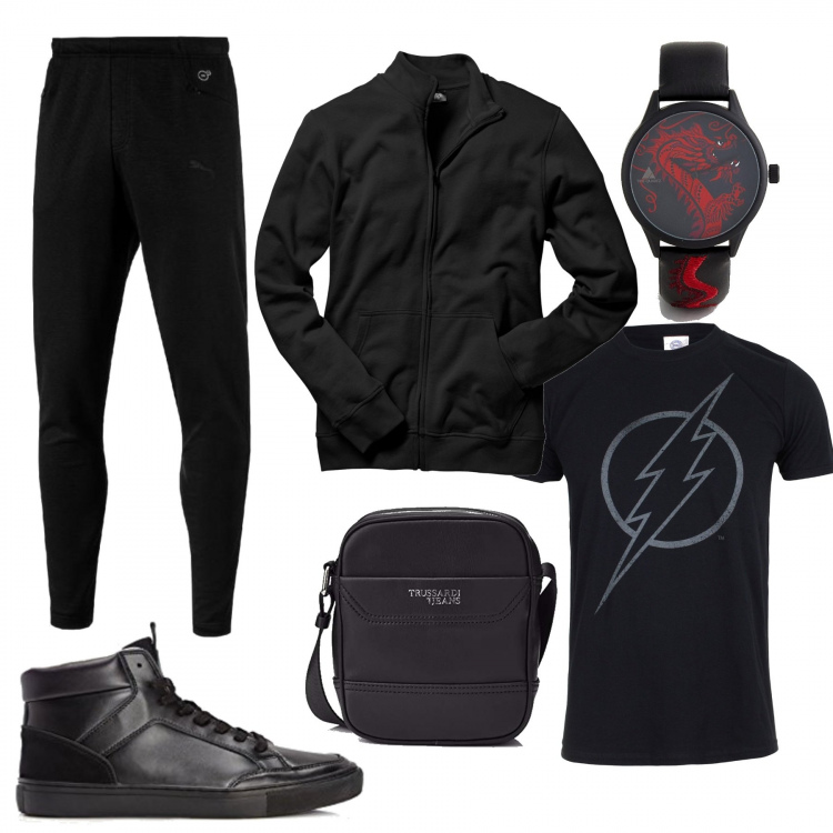 Outfit uomo - Red dragon. Stile Casual per Tutti i giorni. Abbinamento con felpe, felpa, scarpa sportiva, t-shirt con scollo a maniche corte in cotone nero, orologio con cinturino nero, borsa a tracolla con zip nero.