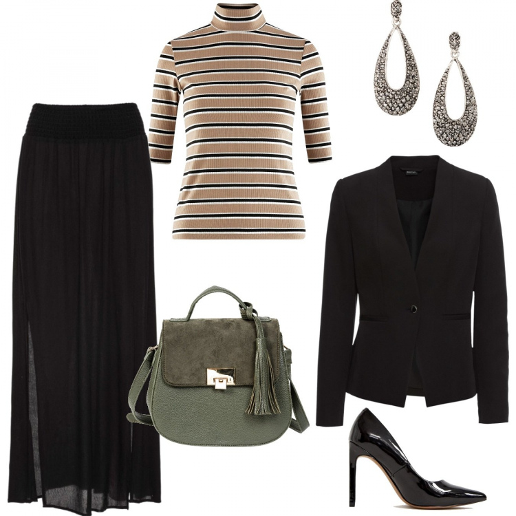 Outfit donna - Una lupetto a righe...#sexycosì. Stile Sexy per Cerimonia. Abbinamento con gonne lunghe, blazer, orecchini, borse a spalla, maglioni, décolleté con tacco alto nero.