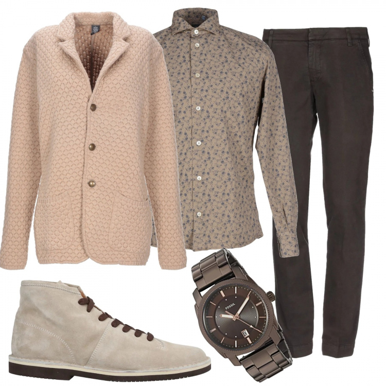 Outfit uomo - Giacca in lana. Stile Trendy per Tutti i giorni. Abbinamento con chino, stivaletti, giacca lavorato a maglia collo con revers a maniche lunghe interno sfoderato in lana tinta unita, camicia fantasia collo classico a maniche lunghe in cotone con bottoni, orologio con cinturino.