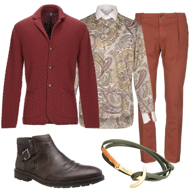 Outfit uomo - Camicia Etro. Stile Casual per Tutti i giorni. Abbinamento con chino, giacca, bracciale in ottone oro, camicia fantasia collo classico a maniche lunghe in cotone con bottoni, stivali con zip marrone.