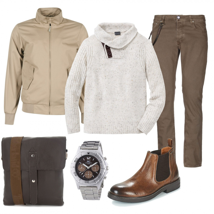 Outfit uomo - Marrone casual. Stile Trendy per Serata speciale. Abbinamento con maglieria, jeans slim fit, giacche, stivali e anfibi marrone, borsa a tracolla con zip e scomparti marrone, orologi.