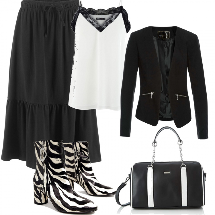 Outfit donna - Insormontabile bianco e nero. Stile Trendy per Ufficio. Abbinamento con blazer, gonna con balze nero, canotta intima, stivali petite con tacco largo e zip con punta tonda, borsa a mano nero.