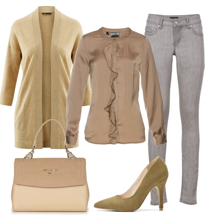 Outfit donna - Basic #15419. Stile Basic per Ufficio. Abbinamento con jeans skinny, camicie, vestiti, borsa a tracolla beige, cardigan a giromanica collo aperto in in maglia con tasche beige.