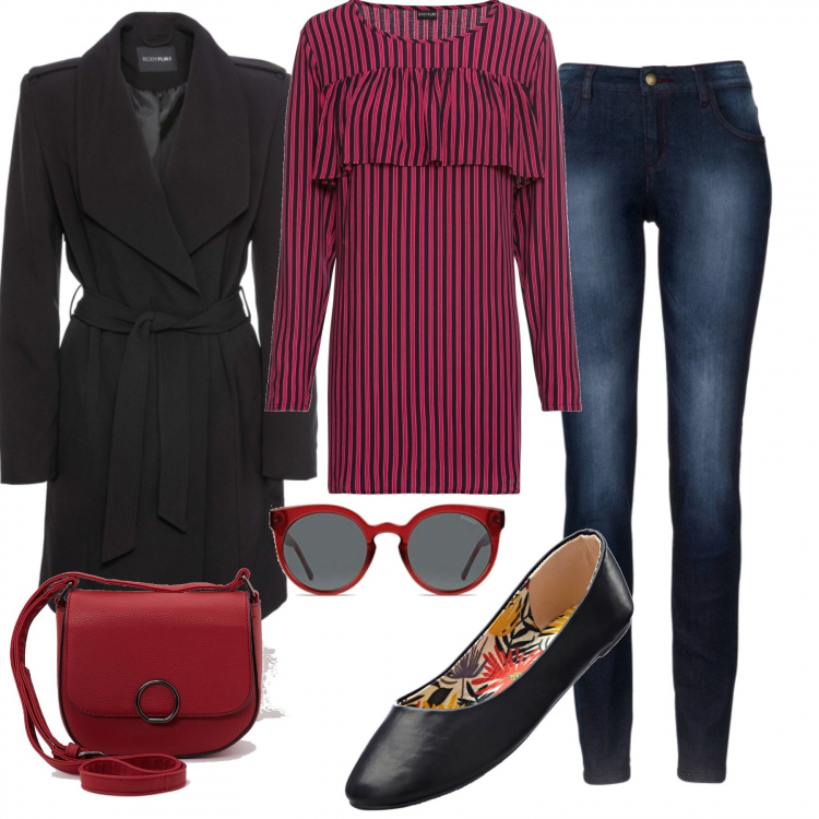 Outfit donna - La tunica a righe. Stile Basic per Tutti i giorni. Abbinamento con jeans skinny, ballerine, cappotti, trench, borsa a tracolla effetto martellato in ecopelle tinta unita rosso, montatura occhiali rosso.