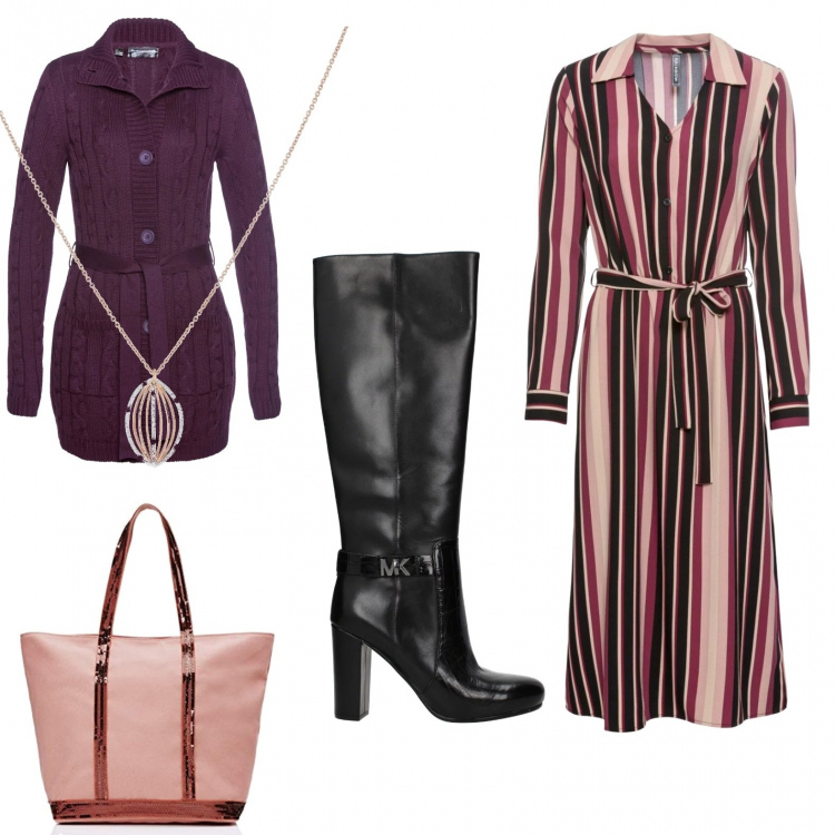Outfit donna - #curvystyle. Stile Trendy per Tutti i giorni. Abbinamento con t-shirt, t-shirt, stivali nero, collana glitter girocollo in ottone, borsa a spalla.
