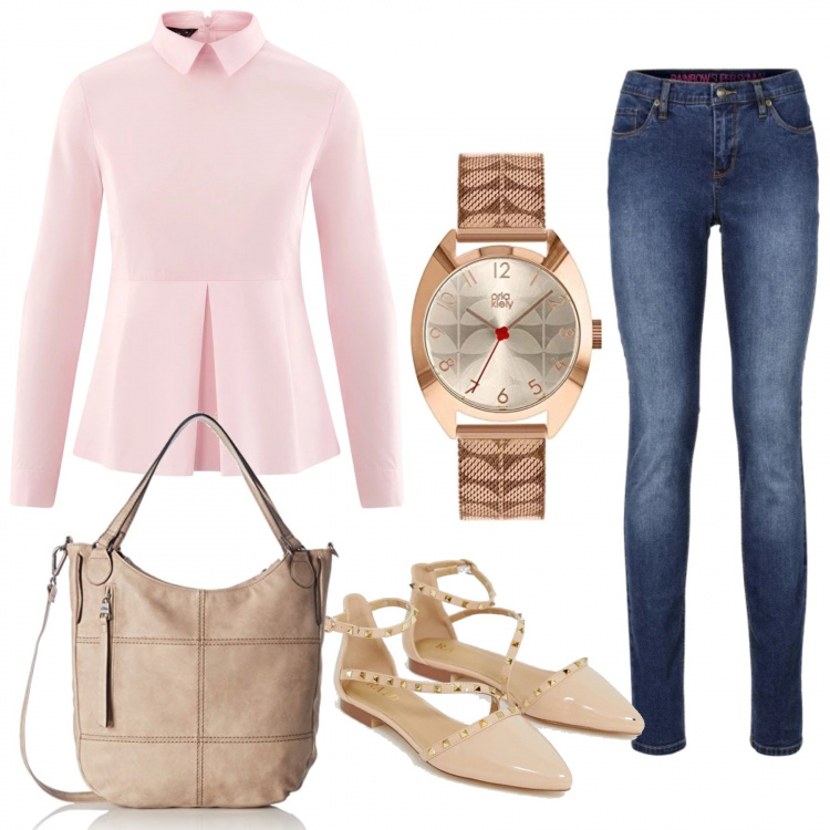 Outfit donna - Camicia rosa. Stile Bon Ton per Ufficio. Abbinamento con jeans skinny, camicetta vita alta aderente rosa, scarpe con borchie a punta suola piatta, borsa a spalla, orologio analogico.