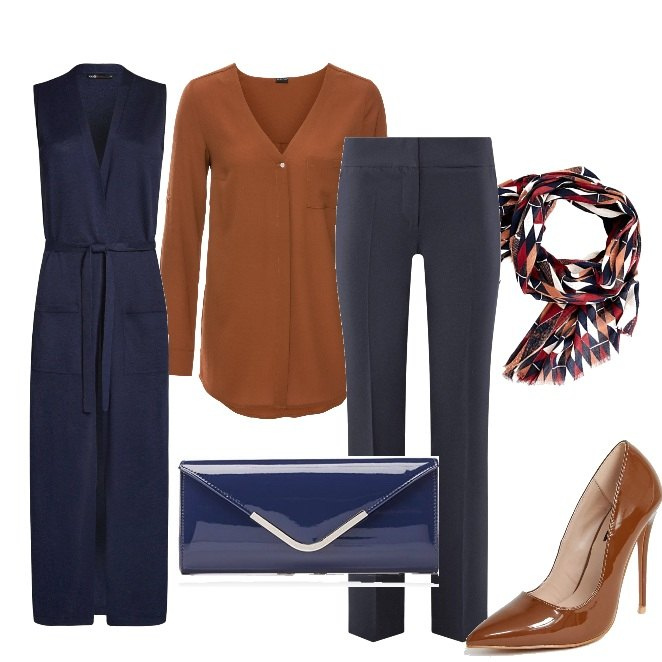 Outfit donna - Accessori in pelle lucida. Stile Chic per Ufficio. Abbinamento con camicie, cardigans, pantalone aderente blu, décolleté, sciarpa taglia unica multicolore e nero e bianco e rosso e marrone, pochette blu.