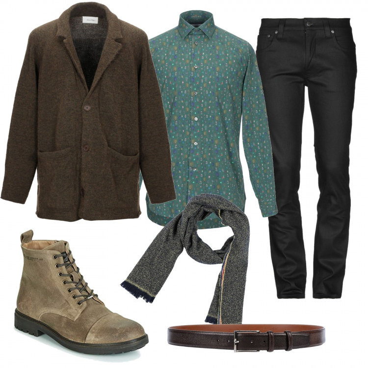 Outfit uomo - Colori d'autunno. Stile Casual per Tutti i giorni. Abbinamento con giacche, cintura con stampa e fibbia tinta unita, jeans a tubo con borchie e zip tinta unita, camicia fantasia collo classico a maniche lunghe in cotone con bottoni, sciarpa con frange in flanella tinta unita, stivali.
