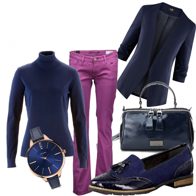 Outfit donna - Un ciclamino in un mare di blu. Stile Trendy per Tutti i giorni. Abbinamento con maglieria, jeans skinny, mocassini, borsa a mano con borchie e zip con tracolla regolabile navy e nero, blazer, orologi.
