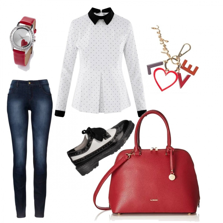 Outfit donna - Mamma h 24. Stile Rock Abbinamento con jeans skinny, orologio effetto vernice in pelle sintetica rosso, ballerine e scarpe flat nero e bianco, camicie, borsa a spalla, portachiavi.