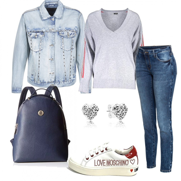 Outfit donna - Trendy #24680. Stile Trendy per Scuola/Università. Abbinamento con jeans skinny, giacca in denim blu, maglia, sneakers, orecchini, borsa a secchiello mini navy.