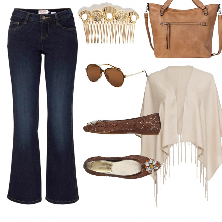 Outfit donna - Città. Stile Trendy per Ufficio. Abbinamento con jeans bootcut, cappotti, borsa a tracolla marrone, ballerine con pizzo senza tacco interno sfoderato a punta con strass tinta unita, occhiali da sole sagomati con stampa stanghette sottili protezione dai raggi, vestito petite in denim oro.
