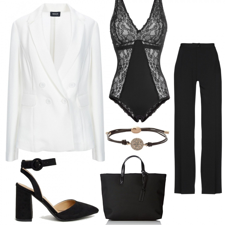 Outfit donna - Fäšhîøñ w&ęk. Stile Chic per Cerimonia. Abbinamento con body, giacca doppiopetto collo con revers a maniche lunghe interno sfoderato crêpe, pantalone a sigaretta vita alta con zip tinta unita, scarpe con tacco largo a punta, braccialetto, borsa a mano nero.