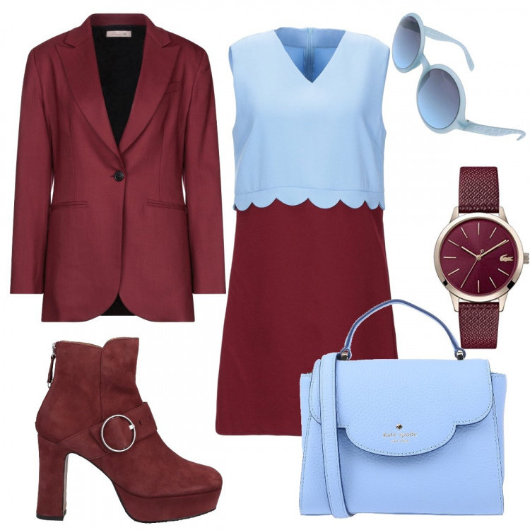 Outfit donna - Rosso Merlot e azzurro. Stile Chic per Ufficio. Abbinamento con vestito corto fantasia collo a v con zip interno sfoderato crêpe, stivaletti effetto scamosciato con tacco squadrato e fibbia con punta quadrata tinta unita, borsa a mano petit con manico in pelle martellata a scatto interno foderato in pelle tinta unita, giacca collo con revers a maniche lunghe interno foderato tinta unita, orologi analogici, occhiali da sole blu.