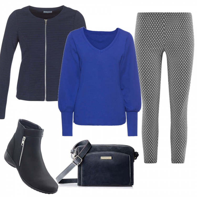 Outfit donna - Blu elettrico. Stile Basic per Tutti i giorni. Abbinamento con maglieria, stivaletti, blazer, pantalone lungo, borsa a tracolla navy.