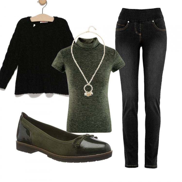 Outfit donna - Green today. per Tutti i giorni. Abbinamento con jeans, collana pendenti oro, maglioncino con scollo a maniche lunghe tinta unita nero, ballerine verde e kaki, maglione collo a dolcevita a maniche corte aderente verde.