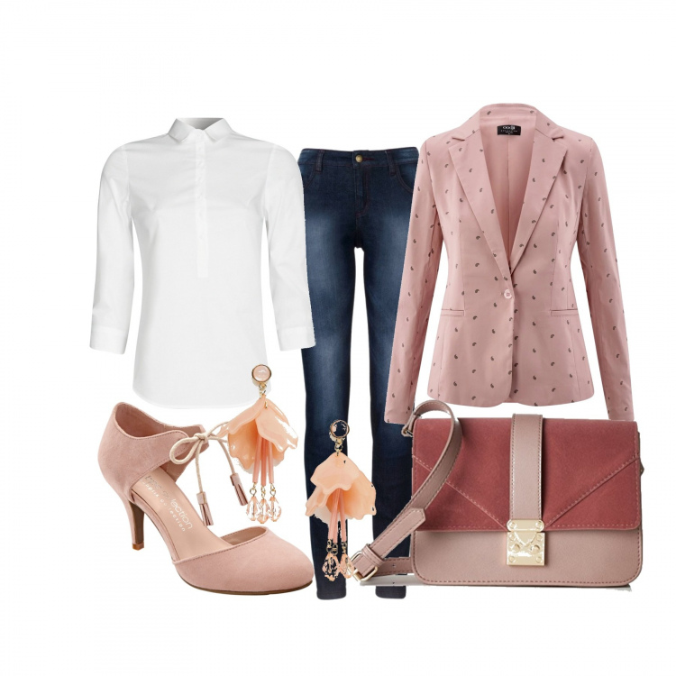 Outfit donna - Gli extra lavorativi. Stile Trendy per Ufficio. Abbinamento con jeans skinny, décolleté, blazer collo con revers aderente rosa, camicia aderente bianco, borsa a tracolla rosa, orecchini pendenti petite farfalla con perline oro.