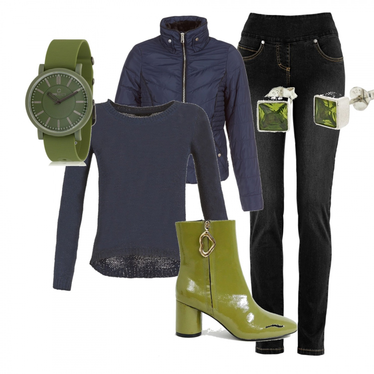 Outfit donna - Green. Stile Urban Abbinamento con jeans, maglieria, piumino blu, stivali petite effetto vernice con tacco largo e zip a punta, collana argento, orologio stile militare con cinturino e logo verde e nero.