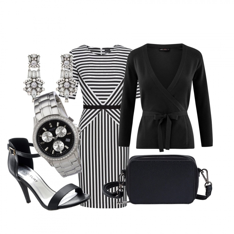 Outfit donna - Stelle e strisce: no solo strisce. Stile Trendy per Serata fuori. Abbinamento con borse a tracolla, maglieria, sandali col tacco, cardigan a portafoglio in in maglia aderente nero, orologio, orecchini pendenti.
