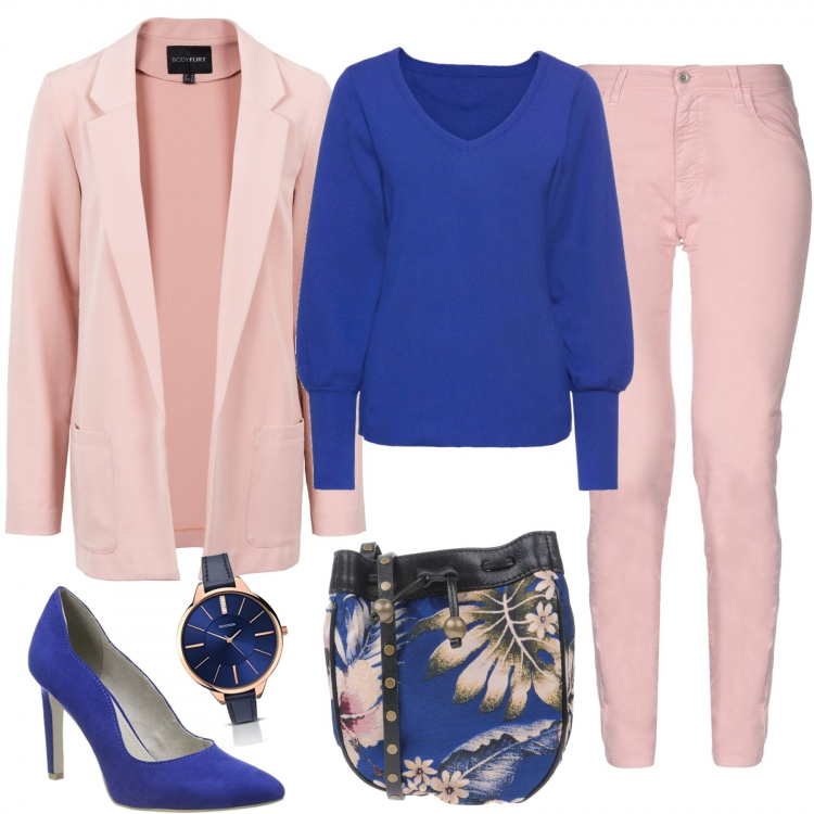 Outfit donna - Blu elettrico e rosa. Stile Basic per Tutti i giorni. Abbinamento con jeans con zip tinta unita, borsa a tracolla petit fantasia floreale con coulisse interno foderato, vestiti corti, maglieria, scarpe con tacco blu, orologi.