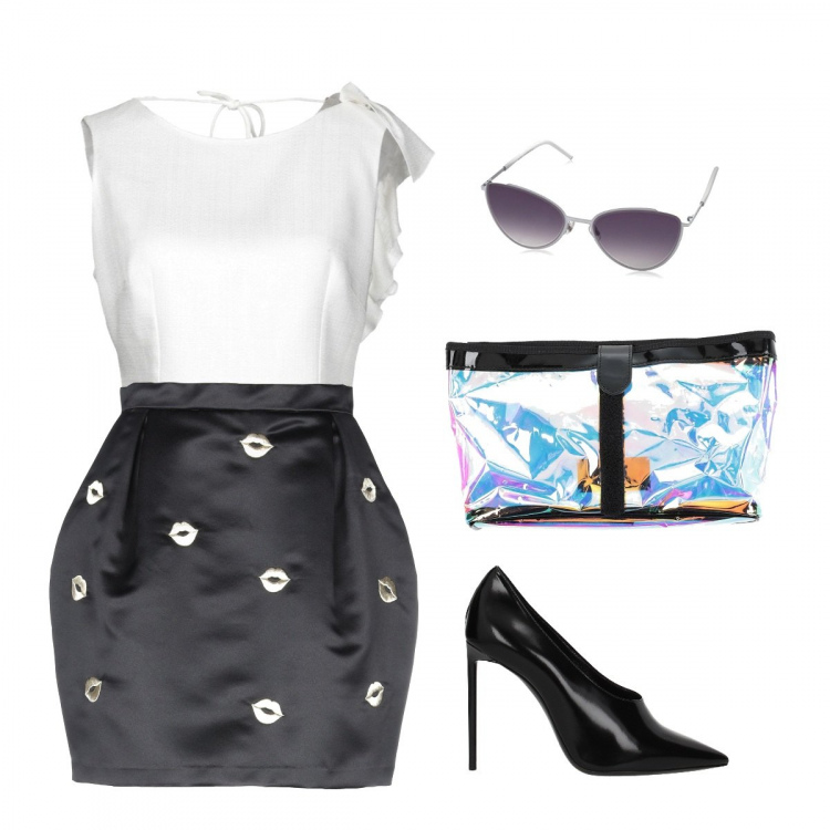 Outfit donna - KissKiss Kiss. Stile Rock per Serata fuori. look ideale per Tall. Abbinamento con gonna al ginocchio senza tasche con zip interno foderato in raso jacquard, top collo tondo senza maniche con laccetti interno foderato in viscosa tinta unita, pochette fantasia multicolore interno sfoderato, décolleté, occhiali da sole bianco e grigio.