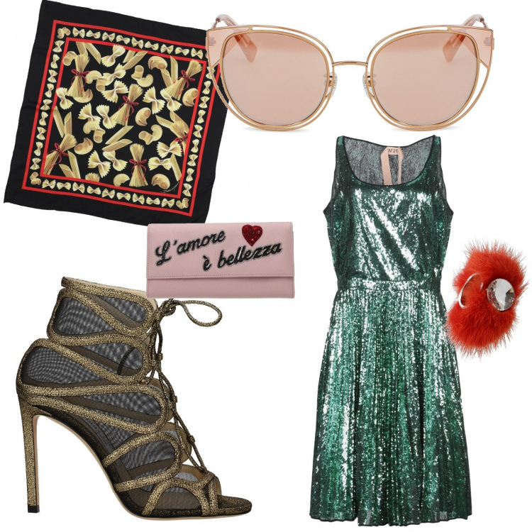 Outfit donna - Milano fashion week. Stile Trendy per Serata fuori. Abbinamento con vestito a ruota con paillettes scollatura profonda senza maniche con zip interno foderato in tulle tinta unita, foulard fantasia floreale in seta twill, anelli, sandali, portafogli, occhiali da sole.