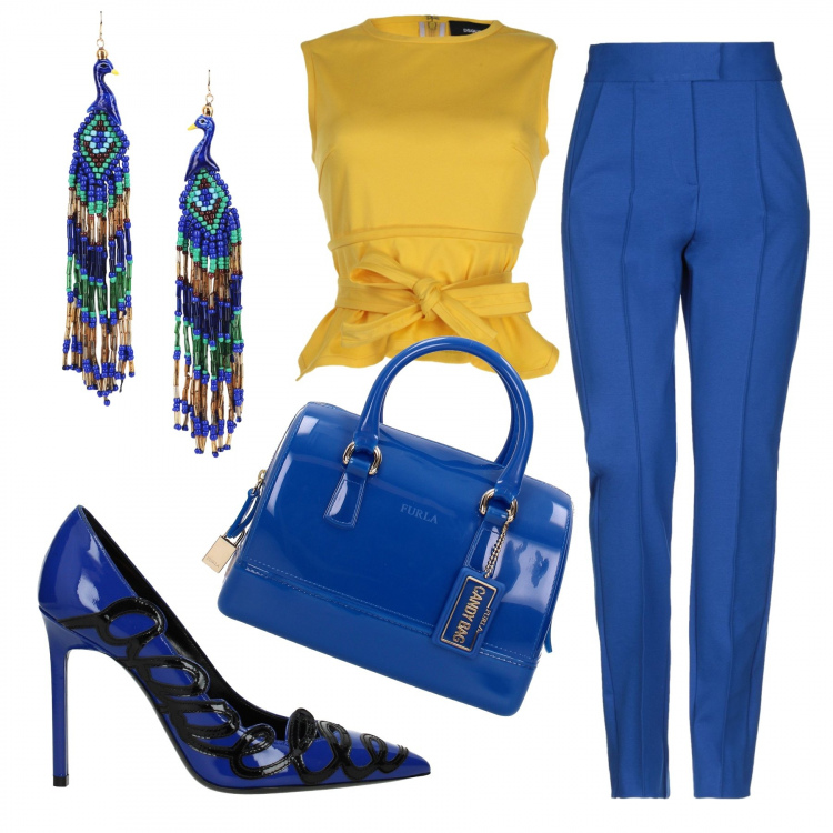Outfit donna - Milano Fashion Week. Stile Trendy per Cerimonia. Abbinamento con pantalone vita alta con zip jersey, top, orecchini, borsa a mano, décolleté effetto vernice blu.