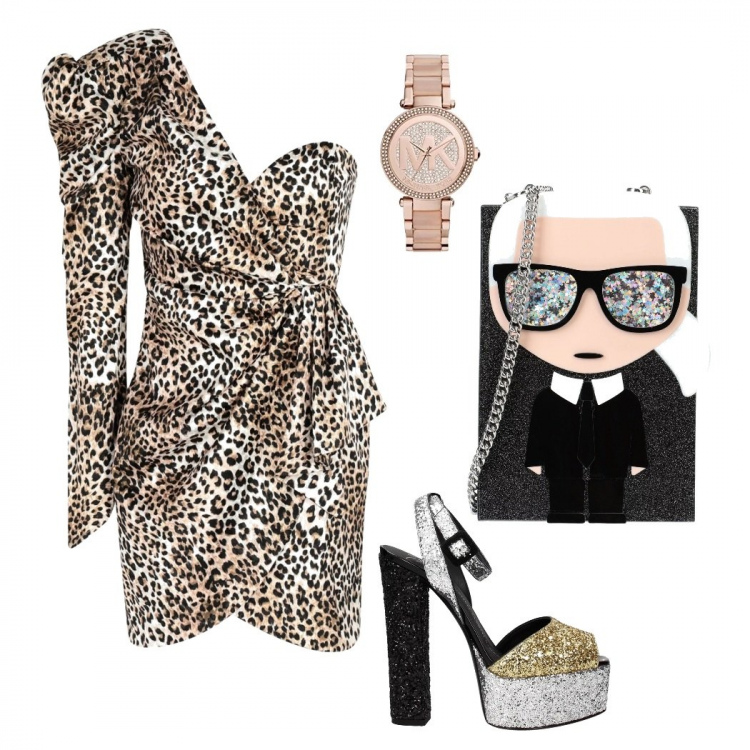 Outfit donna - Total look #335229. Abbinamento con borsa a tracolla fantasia multicolore glitter taglia media interno foderato, vestito corto con drappeggio e arricciature fantasia con zip interno foderato monospalla jacquard, sandali, orologio.