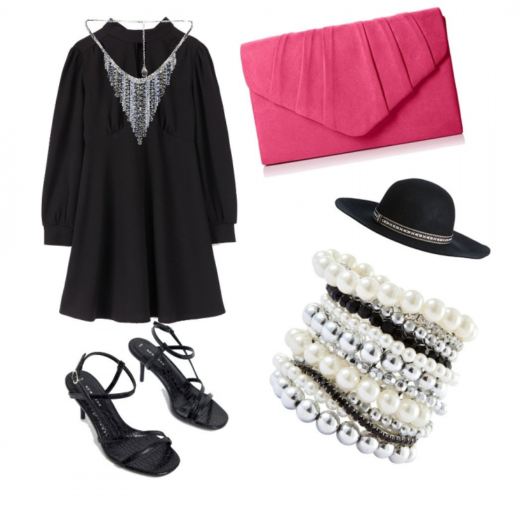 Outfit donna - Fashion week now. Stile Trendy per Serata fuori. Abbinamento con braccialetti, vestito mini tinta unita nero, collana, cappello nero, sandali collo aperto con cinturino nero, pochette.