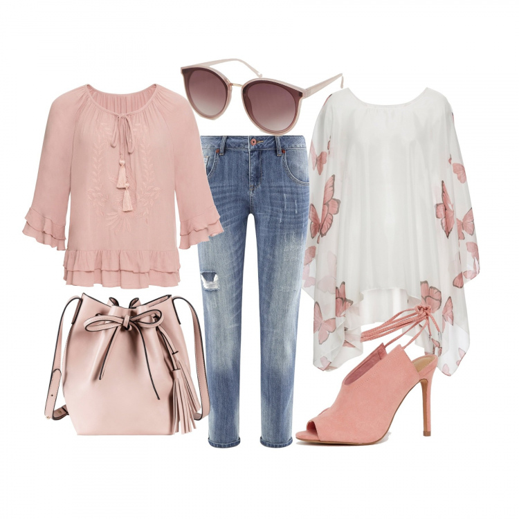 Outfit donna - Il poncho con le farfalle. Stile Trendy per Serata fuori. Abbinamento con tuniche, jeans, shopping bag rosa, jeans boyfriend effetto strappato taglio dritto aderente blu, scarpe con tacco con tacco spillo collo aperto con laccetti open toe in denim, occhiali da sole oversize lenti colorate stanghette sottili in denim protezione dai raggi rosa.