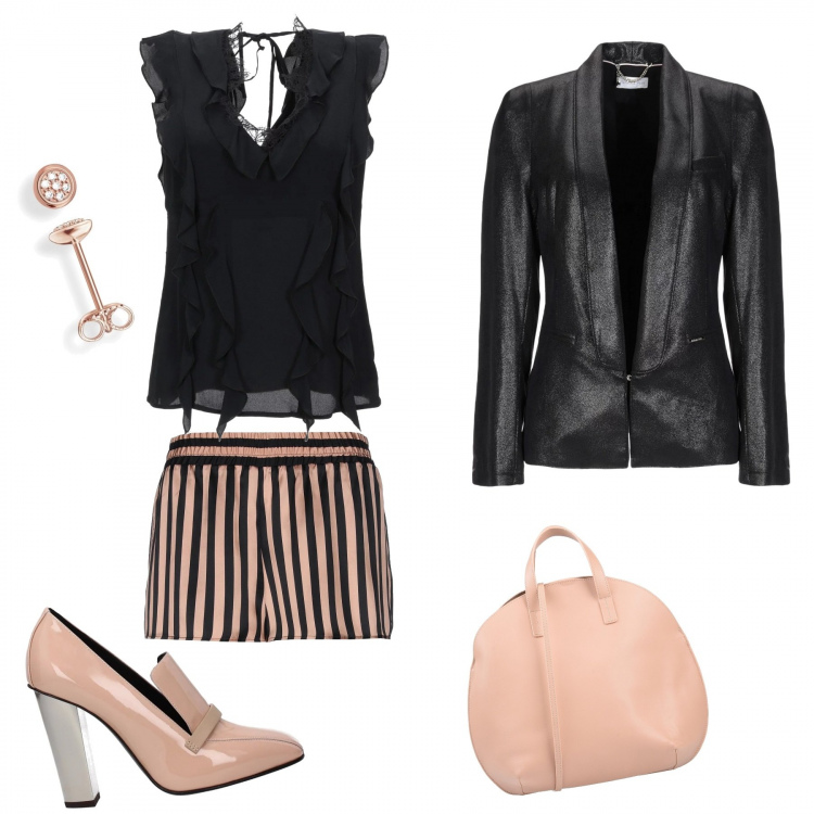 Outfit donna - Gold rose. Stile Trendy per Tutti i giorni. Abbinamento con shorts contrasto vita alta in raso, blazer, top, borsa a mano, décolleté, orecchini in argento 925 bianco.