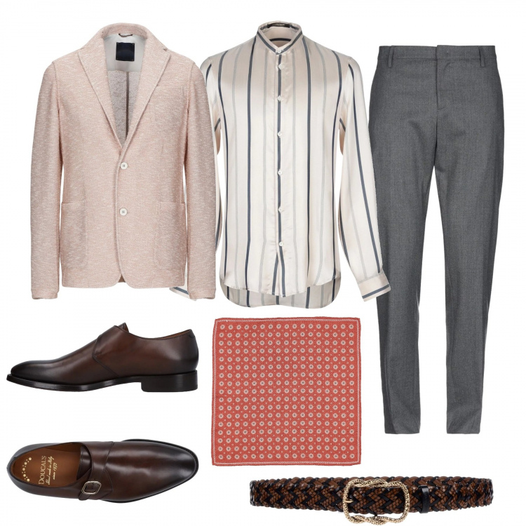 Outfit uomo - La camicia coreana. Stile Trendy per Cerimonia. Abbinamento con giacche, mocassini con tacco squadrato e fibbia con punta tonda pianta larga tinta unita, pantaloni, cintura fantasia con fibbia, foulard fantasia floreale in seta, camicia a righe collo coreana a maniche lunghe in seta con bottoni.