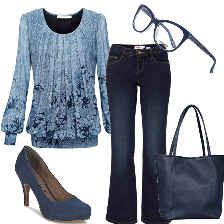 Outfit donna - Comoda in blu. Stile Basic per Ufficio. Abbinamento con jeans bootcut, décolleté, t-shirt girocollo a maniche lunghe elasticizzato azzurro, borse tote, occhiali da vista.